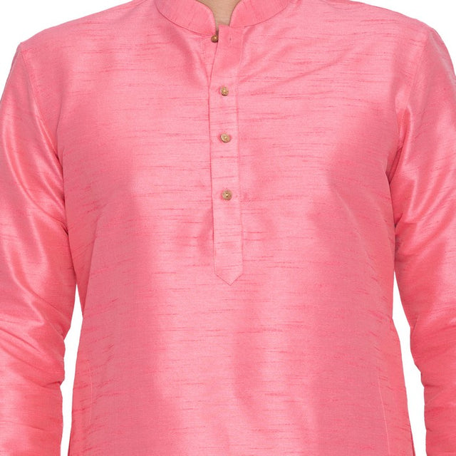 Men's Cotton Art Silk Solid Kurta In Pink