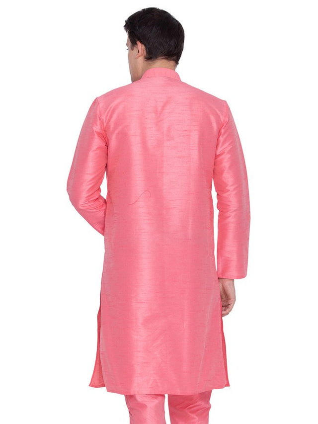 Men's Cotton Art Silk Solid Kurta In Pink