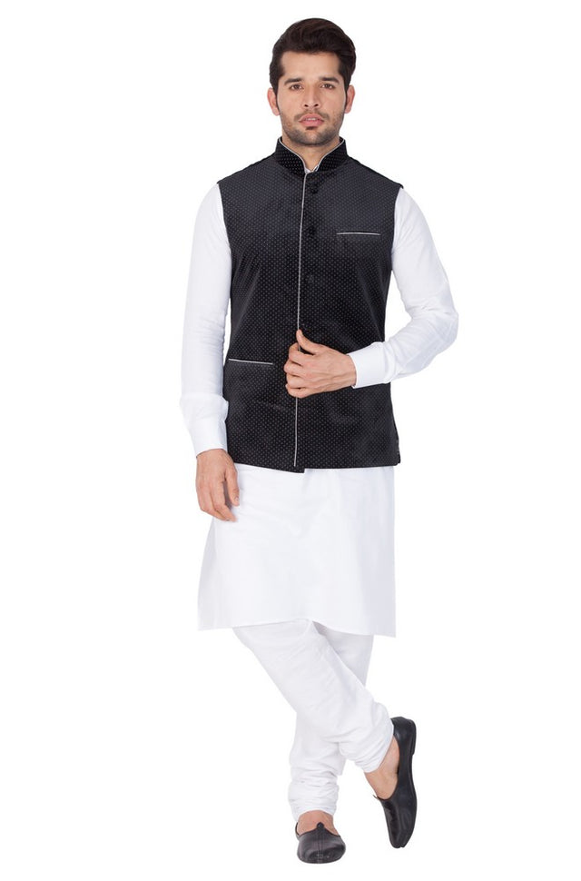 Men's Cotton Solid Kurta Modi Jacket And Pajama Set In White