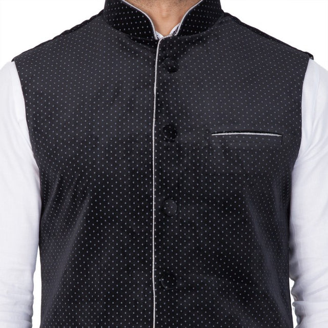 Men's Cotton Solid Kurta Modi Jacket And Pajama Set In White