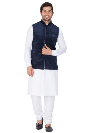 Men's Cotton Solid Kurta Modi Jacket And Pajama Set In White