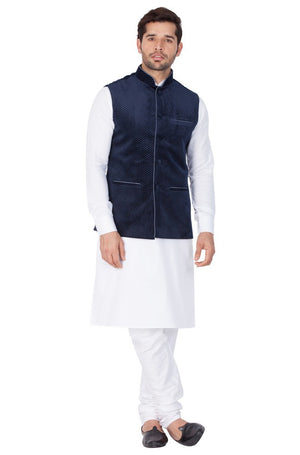 Men's Cotton Solid Kurta Modi Jacket And Pajama Set In White