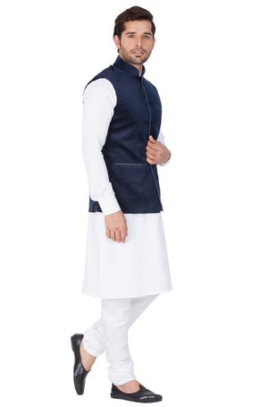 Men's Cotton Solid Kurta Modi Jacket And Pajama Set In White