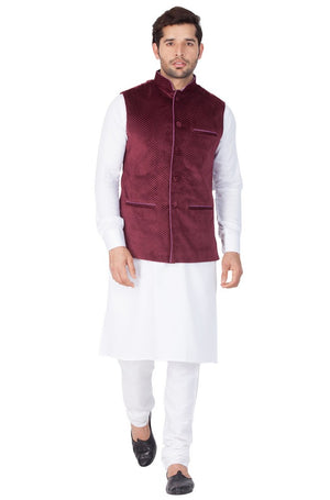 Men's Cotton Solid Kurta Modi Jacket And Pajama Set In White