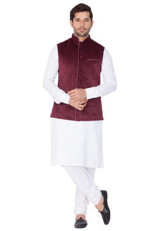 Men's Cotton Solid Kurta Modi Jacket And Pajama Set In White