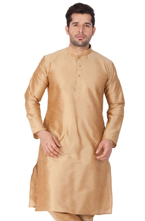 Men's Cotton Art Silk Solid Kurta In Gold