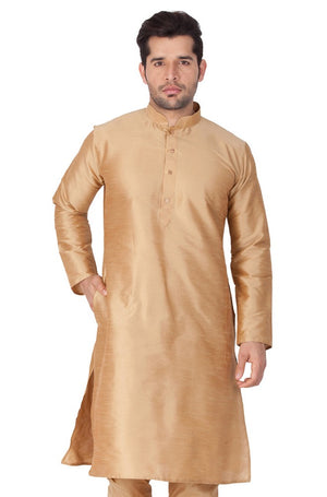 Men's Cotton Art Silk Solid Kurta In Gold