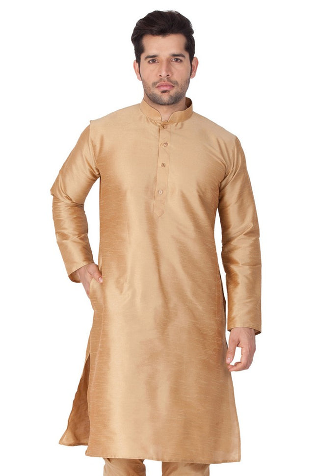 Men's Cotton Art Silk Solid Kurta In Gold