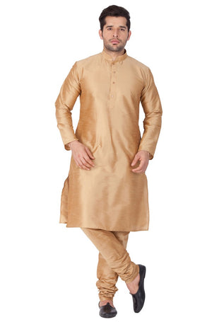 Men's Cotton Art Silk Solid Kurta And Pajama Set In Gold