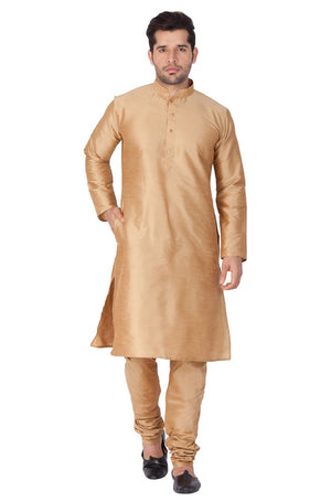 Men's Cotton Art Silk Solid Kurta And Pajama Set In Gold