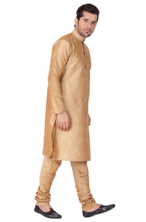 Men's Cotton Art Silk Solid Kurta And Pajama Set In Gold