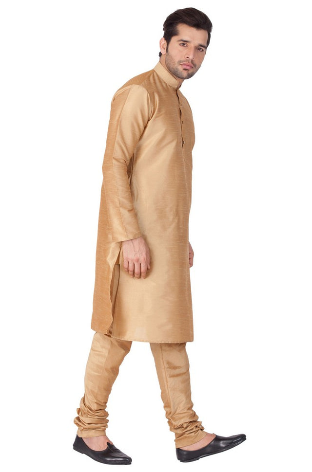 Men's Cotton Art Silk Solid Kurta And Pajama Set In Gold