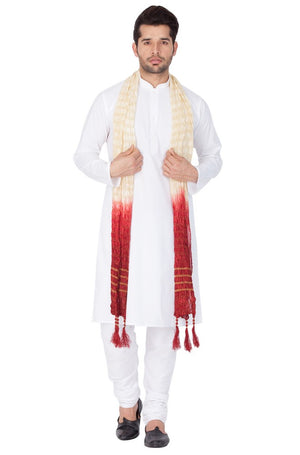 Men's Cotton Solid Kurta Pajama And Dupatta Set In White