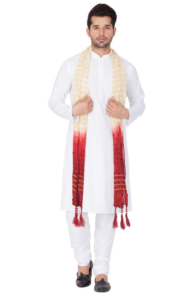 Men's Cotton Solid Kurta Pajama And Dupatta Set In White