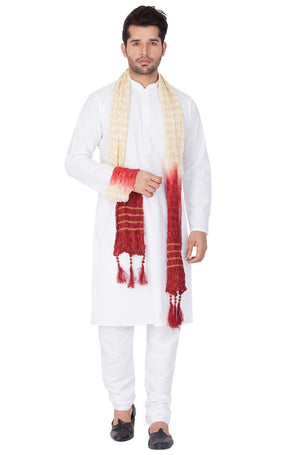Men's Cotton Solid Kurta Pajama And Dupatta Set In White