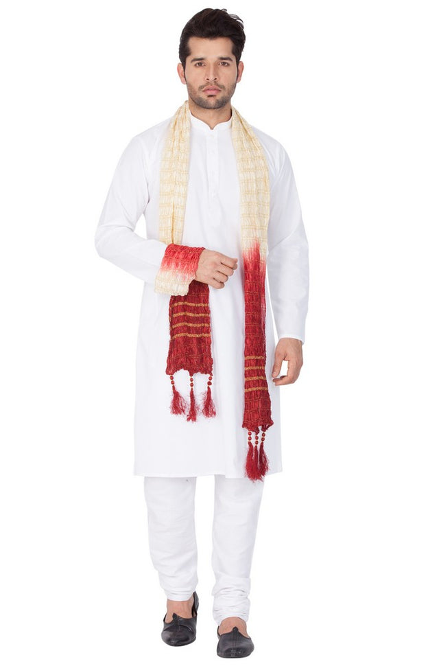 Men's Cotton Solid Kurta Pajama And Dupatta Set In White