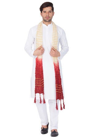 Men's Cotton Solid Kurta Pajama And Dupatta Set In White