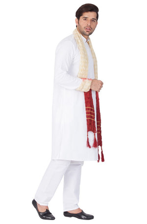 Men's Cotton Solid Kurta Pajama And Dupatta Set In White