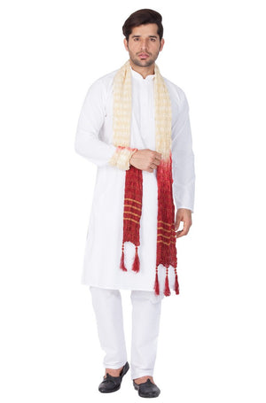 Men's Cotton Solid Kurta Pajama And Dupatta Set In White