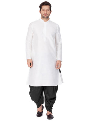 Men's Cotton Art Silk Solid Kurta And Cowl Dhoti Pant Set In White