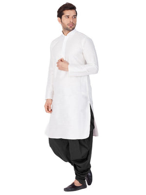 Men's Cotton Art Silk Solid Kurta And Cowl Dhoti Pant Set In White