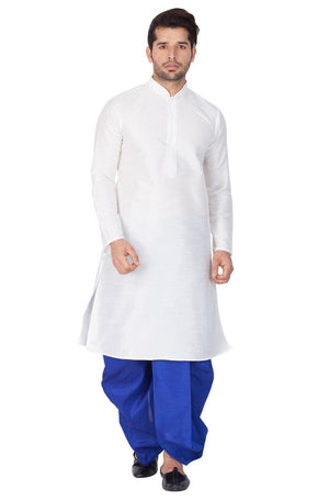 Men's Cotton Art Silk Solid Kurta And Dhoti Pant Set In White