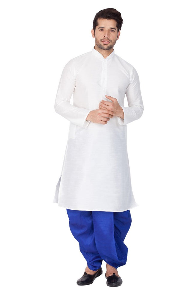 Men's Cotton Art Silk Solid Kurta And Dhoti Pant Set In White