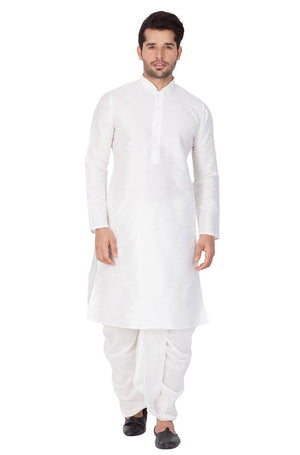 Men's Cotton Art Silk Solid Kurta And Dhoti Pant Set In White
