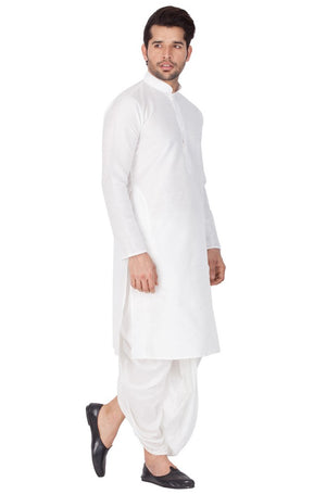 Men's Cotton Art Silk Solid Kurta And Dhoti Pant Set In White