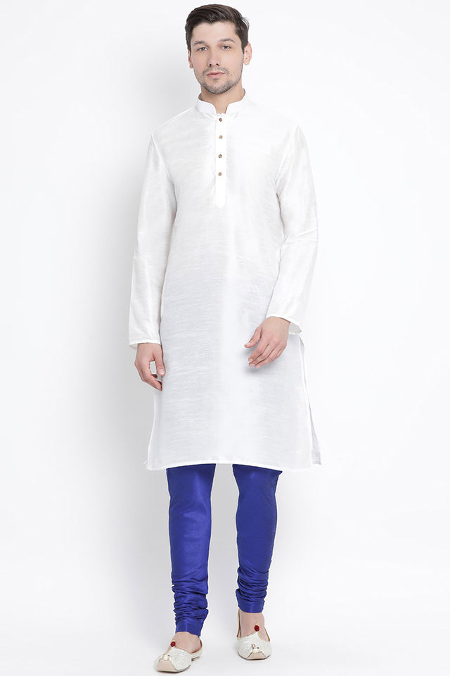 Men's Cotton Art Silk Kurta Set In White