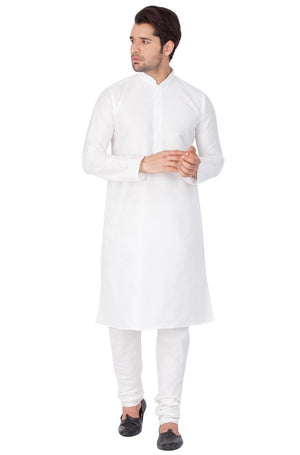 Men's Cotton Art Silk Solid Kurta And Pajama Set In White