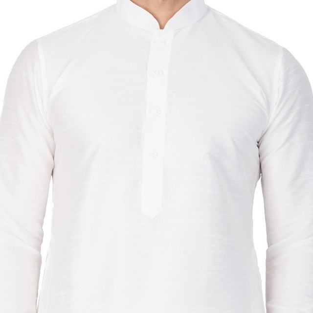 Men's Cotton Art Silk Solid Kurta And Pajama Set In White