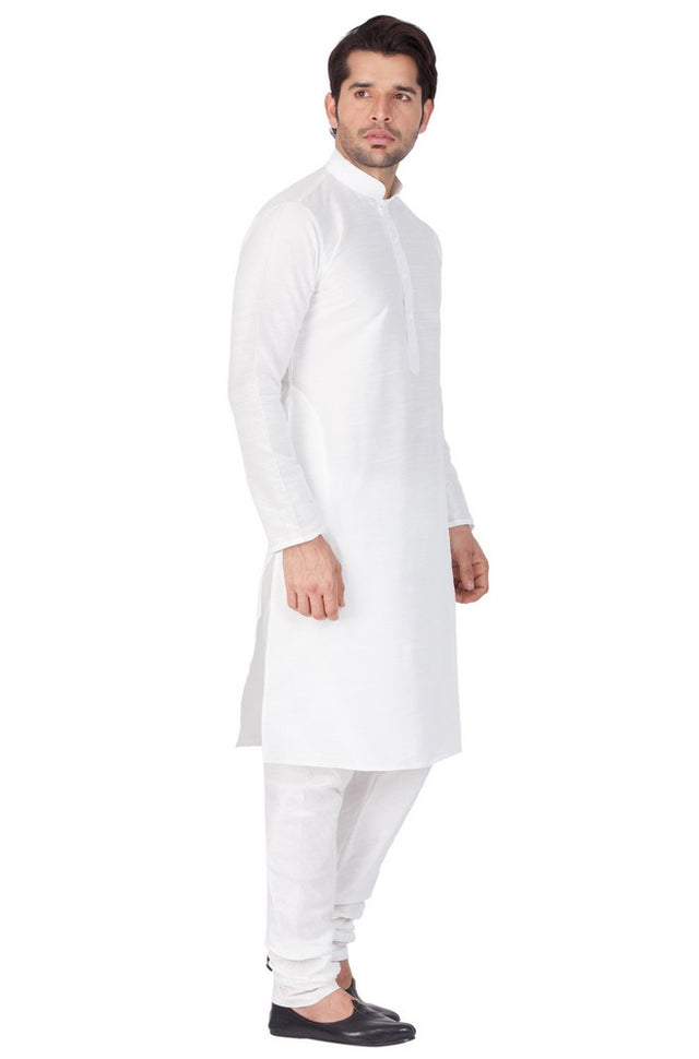 Men's Cotton Art Silk Solid Kurta And Pajama Set In White