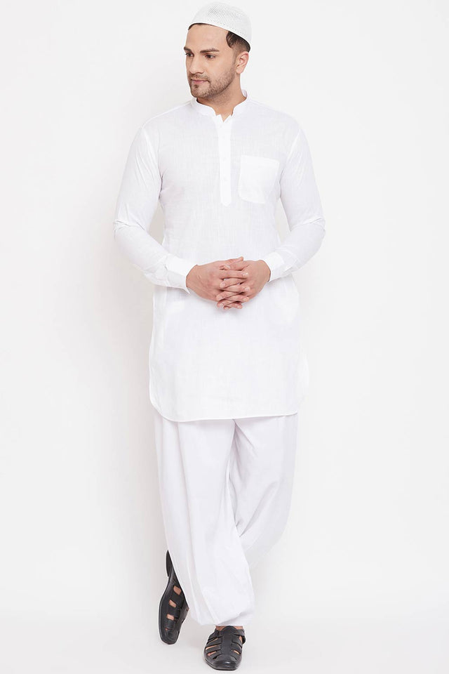 Buy Men's Cotton Solid Pathani Kurta Set in White