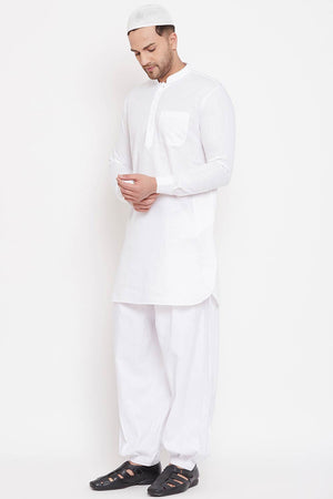 Buy Men's Cotton Solid Pathani Kurta Set in White - Front