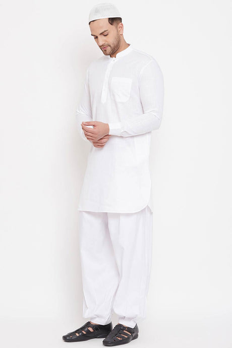 Buy Men's Cotton Solid Pathani Kurta Set in White - Front