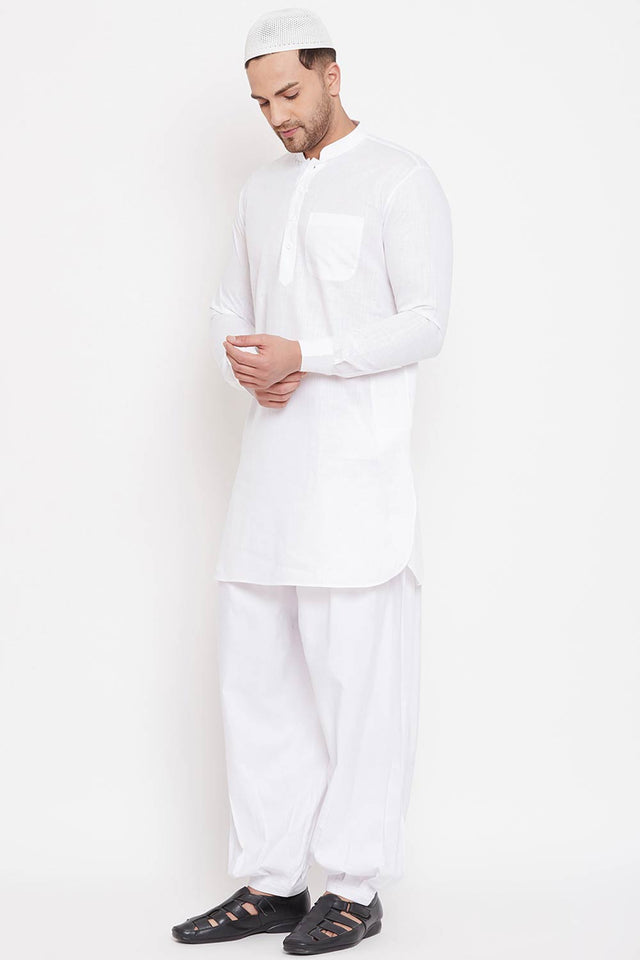 Buy Men's Cotton Solid Pathani Kurta Set in White - Front