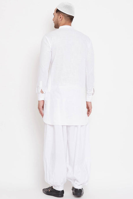 Buy Men's Cotton Solid Pathani Kurta Set in White - Back