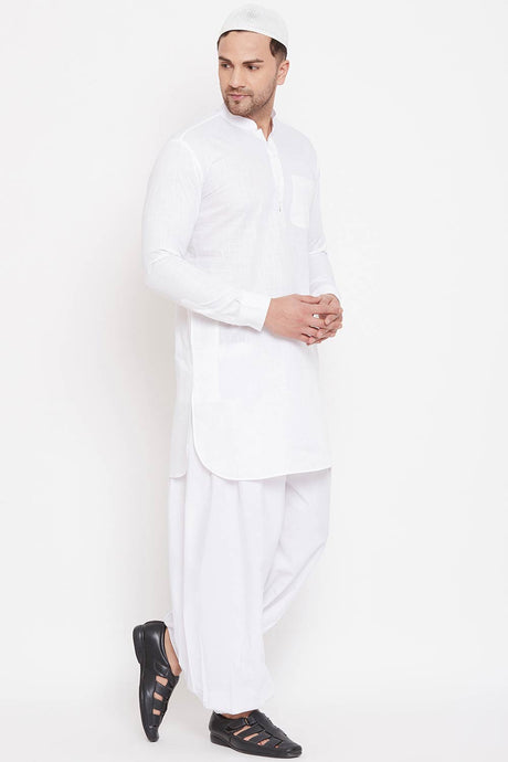 Buy Men's Cotton Solid Pathani Kurta Set in White - Side