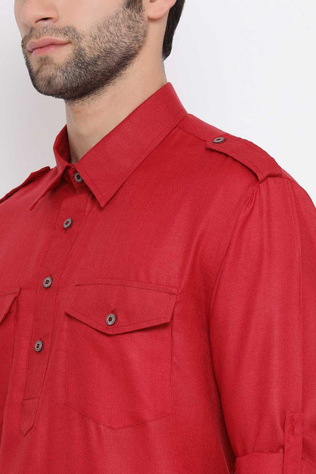 Buy Men's Solid Pathani Kurta Set in Red