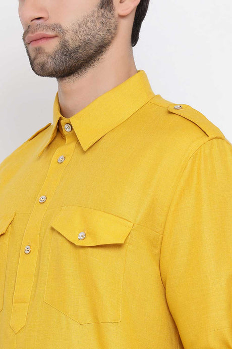 Buy Men's Solid Pathani Kurta Set in Mustard