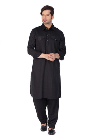 Men's Cotton Solid Pathani Suit Set in Black