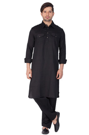 Men's Cotton Solid Pathani Suit Set in Black