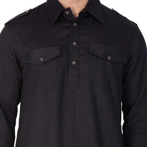 Men's Cotton Solid Pathani Suit Set in Black