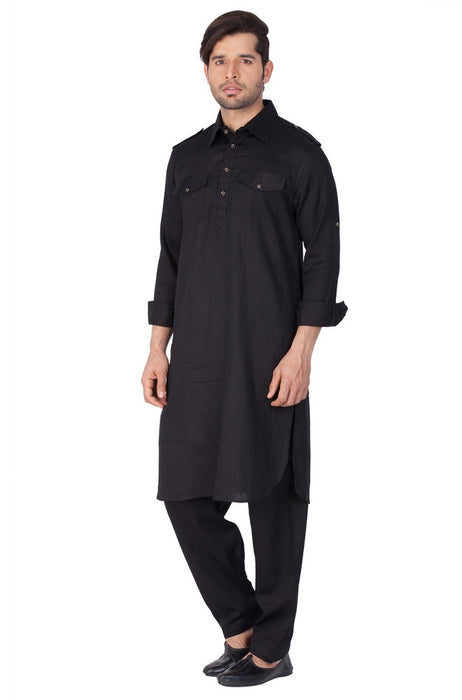 Men's Cotton Solid Pathani Suit Set in Black