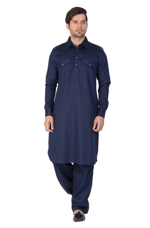 Men's Cotton Solid Pathani Suit Set in Blue