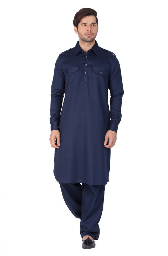 Men's Cotton Solid Pathani Suit Set in Blue