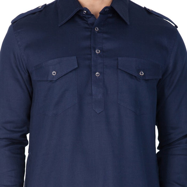 Men's Cotton Solid Pathani Suit Set in Blue