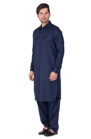 Men's Cotton Solid Pathani Suit Set in Blue