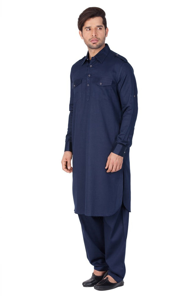 Men's Cotton Solid Pathani Suit Set in Blue